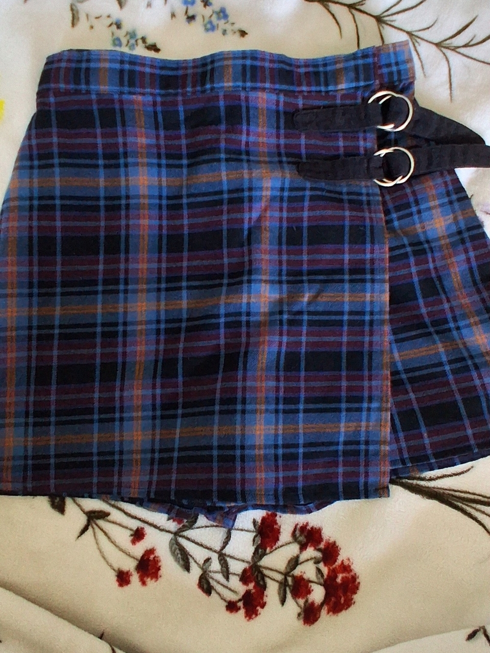 SO Blue and Black Plaid Wrap Mini Skirt with Dual Buckles